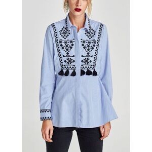 Zara Striped Embroidered Tassel Tunic in Oxford Blue